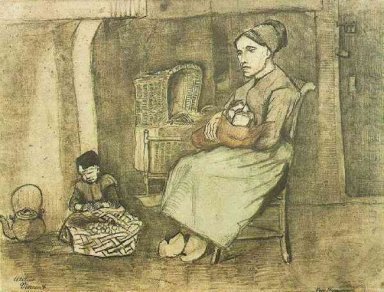 Mamma At The Cradle och barnet sitter på golvet 1881