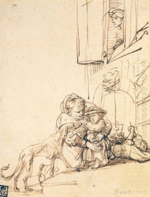 En kvinna med ett barn Skrämd av en hund 1636