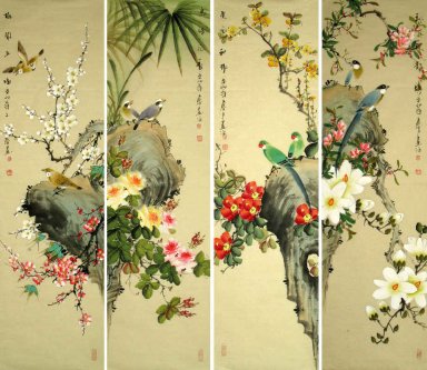Fåglar & blommor-FourInOnee - kinesisk målning