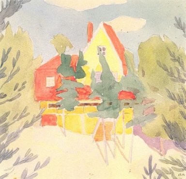 Landskap med huset med rött tak