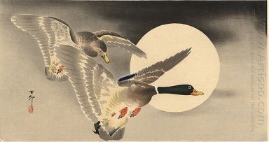 Oies en vol devant une pleine lune
