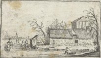 Frozen River with Skaters near a farmhouse