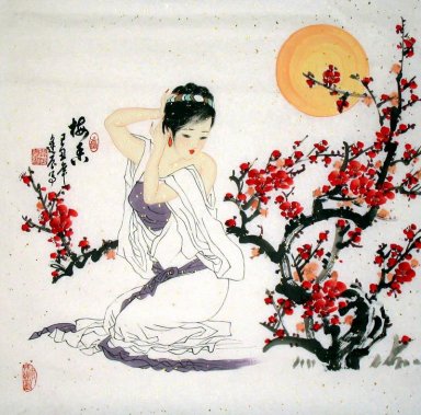 Meisje draag een bloemrijke honghua - Chinees schilderij