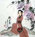 Mooie dame, bloemen - Chinees schilderij