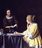 husmor och maid dam med hennes maidservant innehar en bokstav