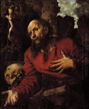 St Jerome bad inför en stenig grotta