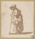 Tiggare Kvinna stödd på en Stick 1630