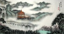 Водопад, храм - китайской живописи