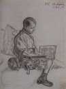 Boy With Dog Portrait de Cyril Kustodiev fils de l'artiste 1915