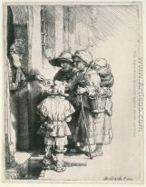 Beggars emot allmosor vid dörren till ett hus 1648