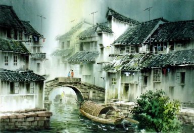 Un paisaje, acuarela - la pintura china