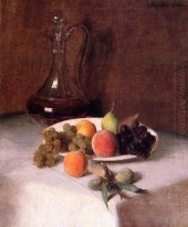 A Carafe Of Wine And Plate Of Fruit On A White Tablecloth 1865