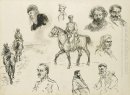 Een Russische Cavalry Officer (recto) en andere schetsen van ver