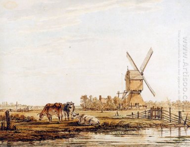 Landschaft mit Mühle und Kühe