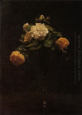 Weiße und gelbe Rosen in einer hohen Vase 1876