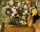 une femme assise à côté d'un vase de fleurs 1865
