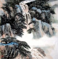 Cachoeira e pinheiros - Pintura Chinesa