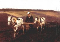 Stående av Leo Tolstoj As A Ploughman på ett fält 1887