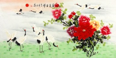 Crane - Peony - pintura china