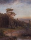 Estate paesaggio con alberi di pino vicino al fiume 1878