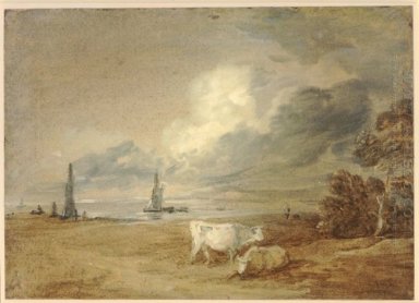 Coastal Scene With Shipping Figures And Cows