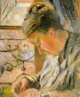 Portret van madame pissarro naaien nabij het raam
