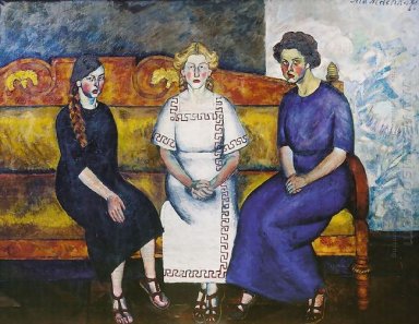 Tre systrar på soffan. Porträtt av N. Samoilova, L. Samoilo