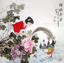 Beautiful Lady, Pheasants - Lukisan Cina