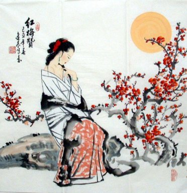 Vacker dam, blommor - kinesisk målning