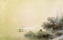 Havet mot en stenig strand 1851