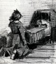 Mädchen kniend vor einer Wiege 1883