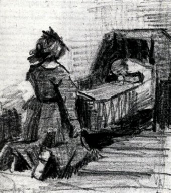 Chica de rodillas delante de una cuna 1883