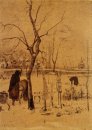 Presbytère Garden dans la neige avec trois figures 1885