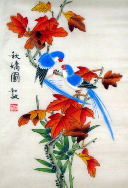 Birds & Red Leaves - Lukisan Cina