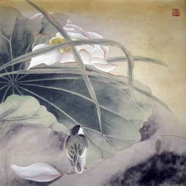 Birds & Lotus - peinture chinoise