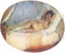 Naken kvinna på en säng