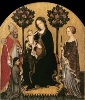 Mary gekatapulteerd met het kind, Heiligen en een Donor