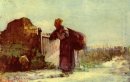Fransk bondkvinna med en väska på ryggen