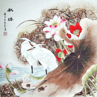 Crane & Lotus - peinture chinoise