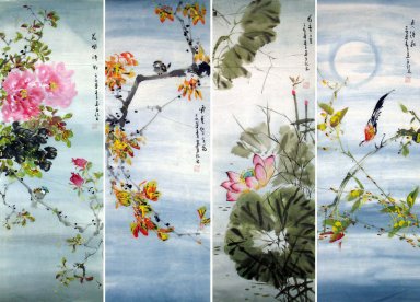 Vogels&Bloemen - (vier schermen) - Chinese Schilderkunst