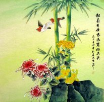 Crisântemo & Bamboo & pássaros - pintura chinesa
