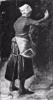Vrouw Kippen voederen 1883