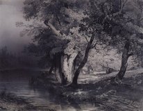 floresta perto do lago iluminado pelo sol de 1856