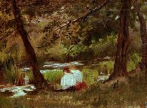 Two Women Seated By A Woodland Stream