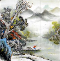 Berg och vattenfall, träd - kinesisk målning