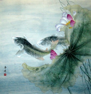 Fish & Lotus - Lukisan Cina