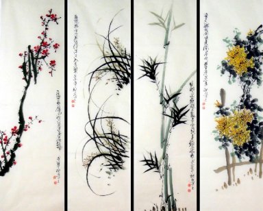 Ciruela, orquídea, bambú, crisantemo-FourInOne - la pintura chin
