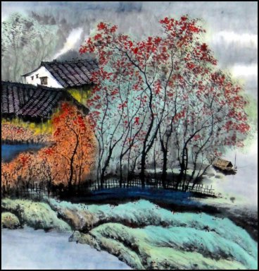 Building, pintura chinesa árvores-