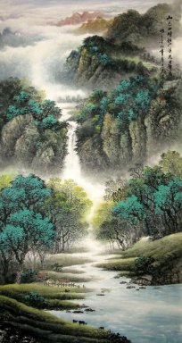 Montanhas, cachoeira, árvores - pintura chinesa