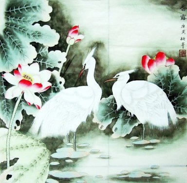 Crane & Lotus - Chinesische Malerei